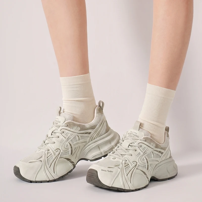 Фото BEAUTODAY Женские кроссовки Chunky из спилковой кожи, разноцветные, на шнуровке, модные повседневные туфли ручной работы 29A91 №3