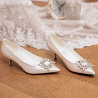 2022luxury pumps woman real silk shoes couples gift crystal buckle loafers ladies 5cm kitten high heels bridesmaid wedding shoes