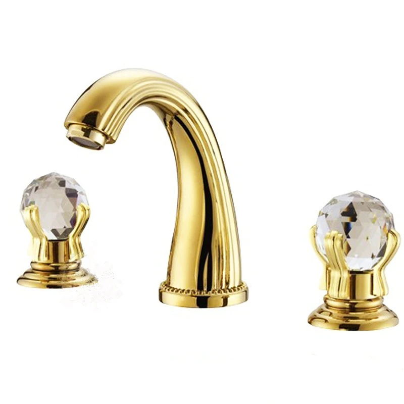 

Free Shipping Wash Basin Mixer luxury high quality brass gold plating crystal handle widespread basin faucet sink