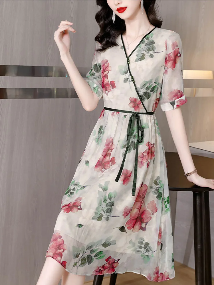 

2022 Summer Tunics Womens Floral Casual Dress Korean Fashion Midi Boho Elegant Vestiti Donna Mini V-Neck Silk Vestidos De Fiesta