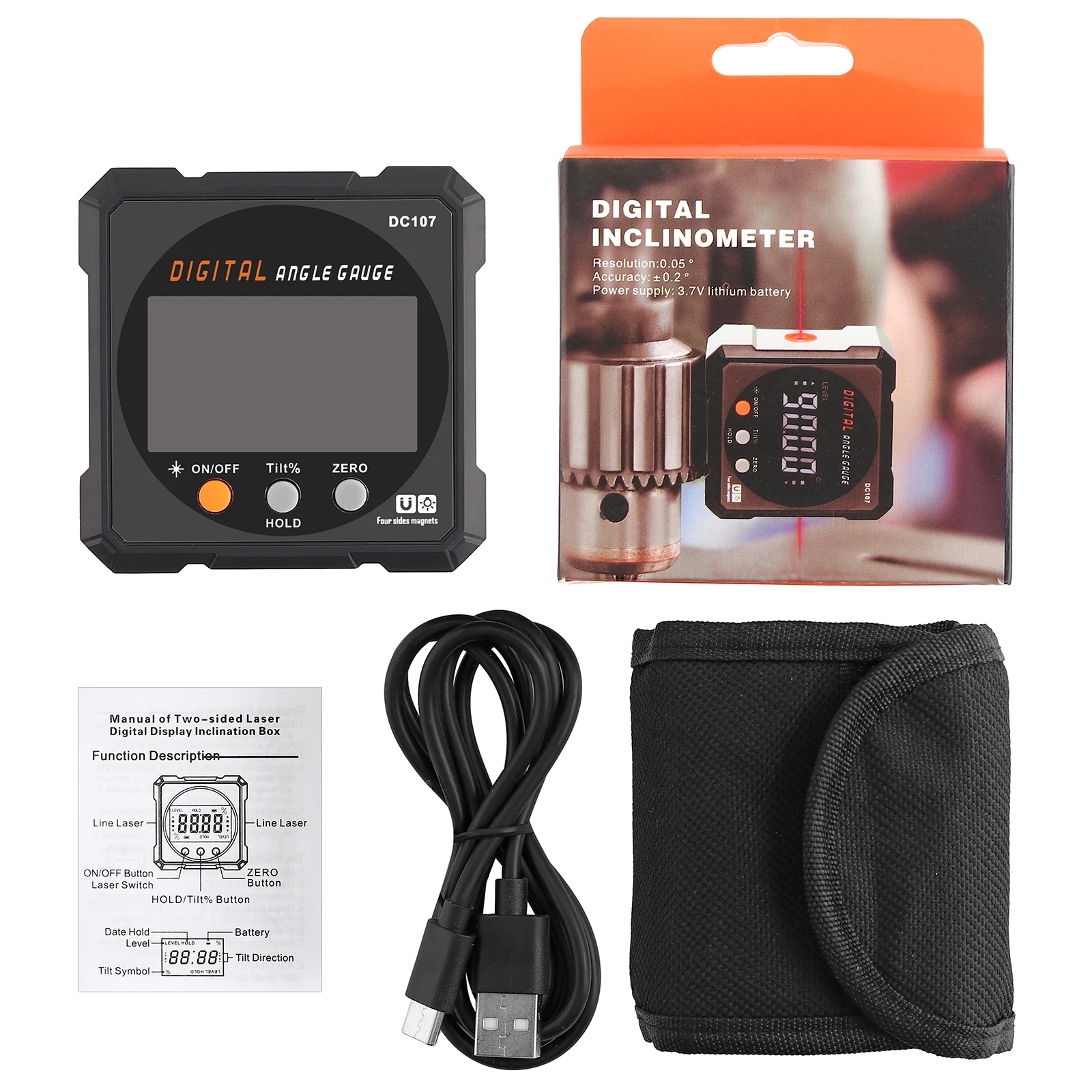 Цифровой лазерный транспортир инклинометр уровень линейка заряжаемый через USB
