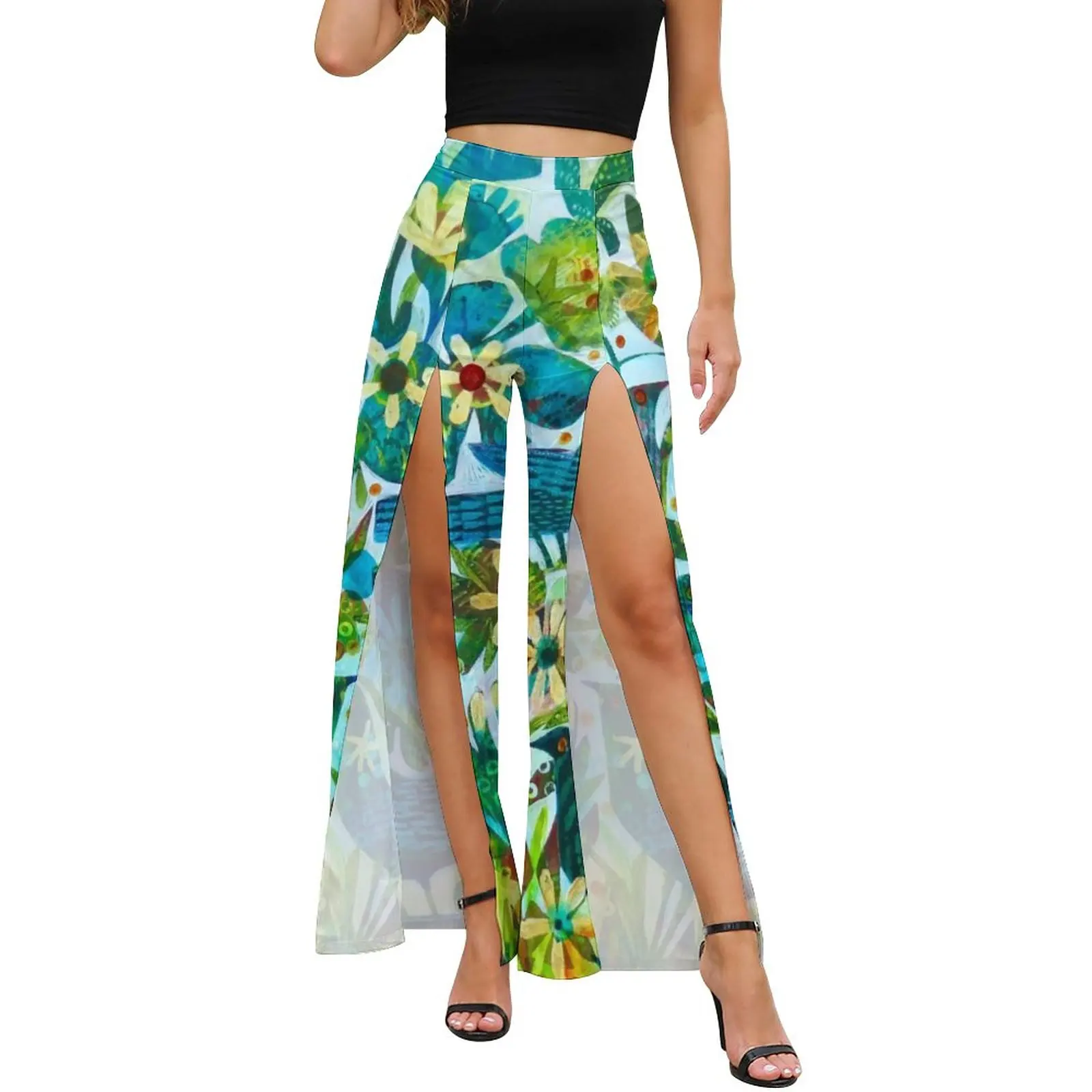 

Watercolor Floral Pants High Waist Joyful Bird Summer Light Modern Trousers Summer Female Aesthetic Print Wide Leg Pants