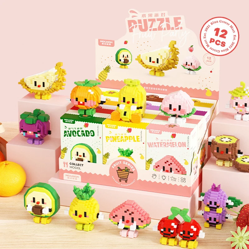 

Cute Fruits Figures Micro Building Blocks Peach Avocado Watermelon Kiwifruit Model Orange Cherry Assembled Mini Brick Toys Gift