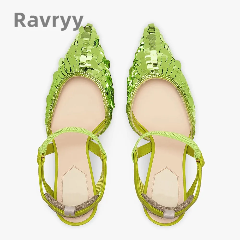 2023 Summer New Pointed Toe Slim Heel Sequins Side Open Fashion Sandals Women's Versatile Leisure Slip-On High Heels Shoes