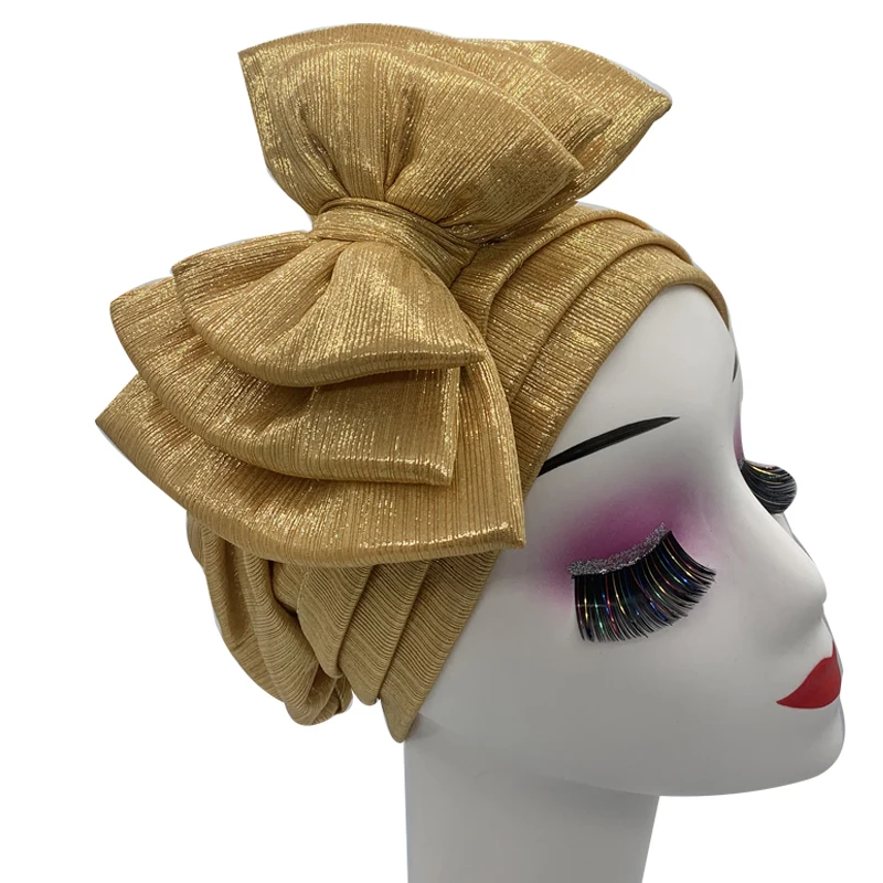 Shinning Multi-layer Bowknot Turban Cap for Woman Fashion African Headtie Nigeria Wedding Turbans Hat Muslim Headwrap Bonnet