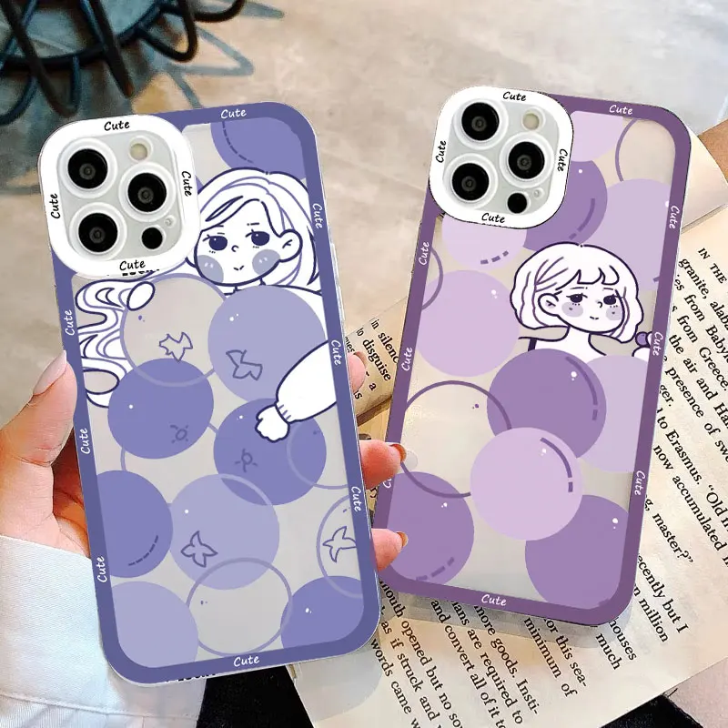 

Summer Fruit Cartoon Girl Clear Phone Case For iPhone 14 12 11 13 Pro Max X XR XS 7 8 Plus SE2 Case Watermelon Peach Cover Funda