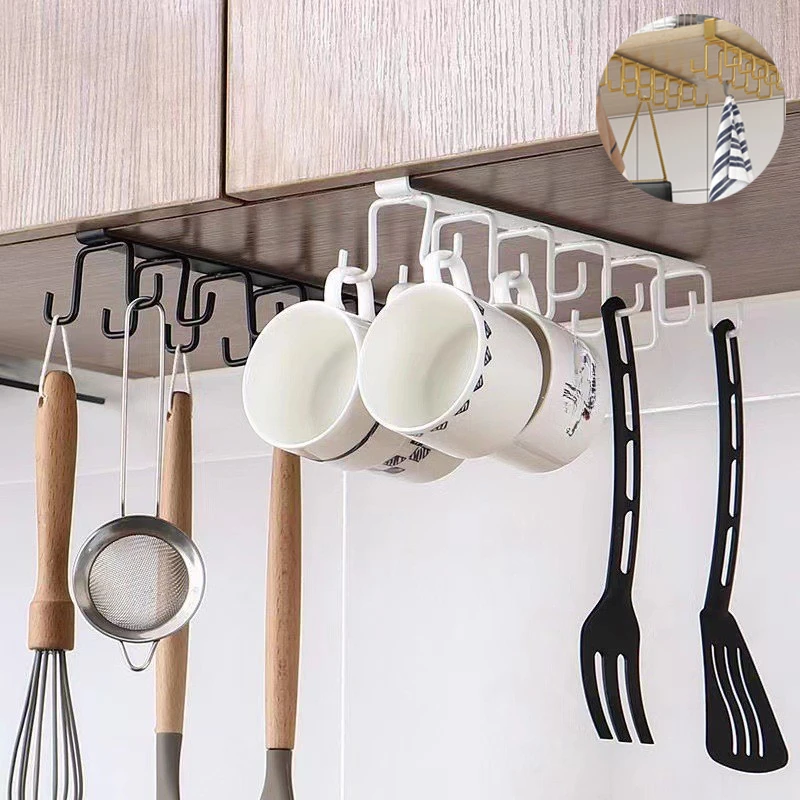 

Multifunction Double-row Storage Hook Wardrobe Cabinet Metal Shelves Hanging Hooks Punch-free Hanging Cup Holder Kitchen Tool