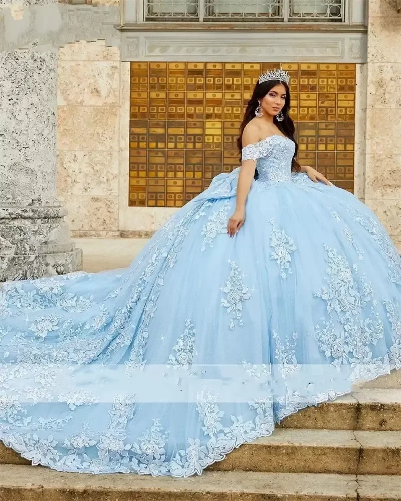 

ANGELSBRIDEP небесно-Голубое Бальное платье, платья Quinceanera с открытыми плечами, Аппликация из бисера, милое платье 16, платья для 15 лет, изготовлени...