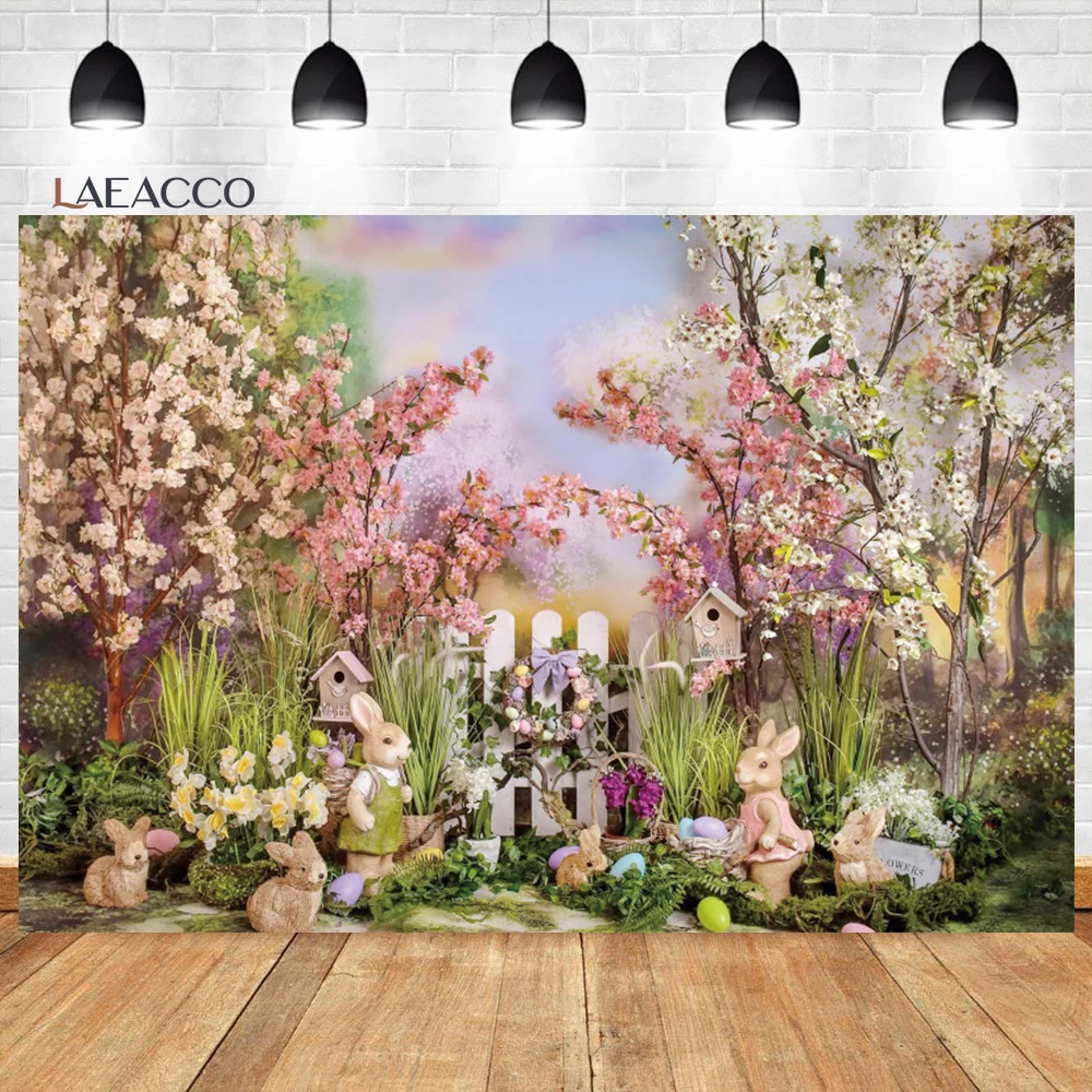 Laeacco Spring Garden Backdrop Cute Rabbit Eggs Flowers Newborn Kids Birthday Easter Portrait Customized Photography Background