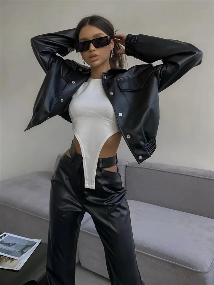 KEYANKETIAN women's black faux leather coat with shoulder pads New street style single breasted PU leather coat with lapels