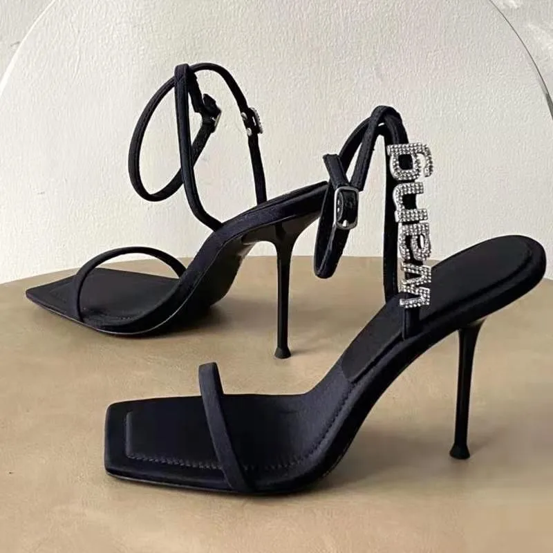 

2022 Style Square Toe Women Sandals Crystal Letters Decorative Women High Heels Sexy Shoes Women's Banquet Wedding Shoes Women