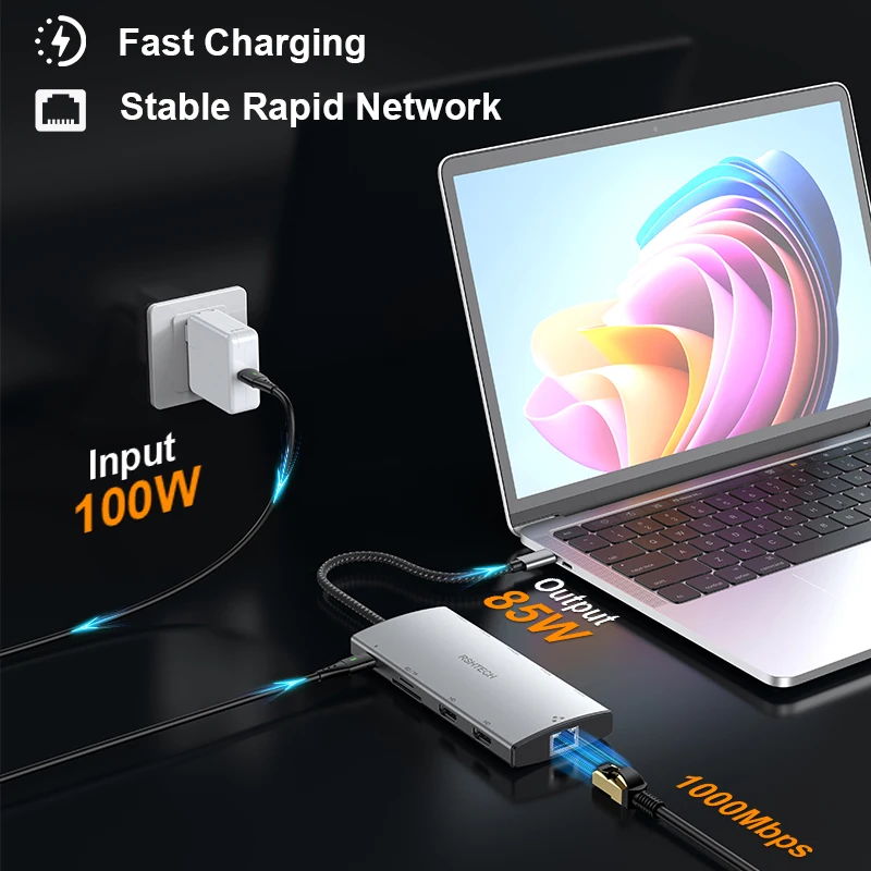 Фото Док-станция-концентратор RSHTECH 11-IN-1 USB C с 8K 4K HDMI-совместимым устройством чтения карт USB 3.2 и 3.0 PD100W SD/TF RJ45 для MacBook №5