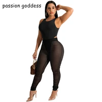 new 2022 summer solid mesh perspective pants and skinny bodysuit top womens suit sexy nightclub two piece set women outfits