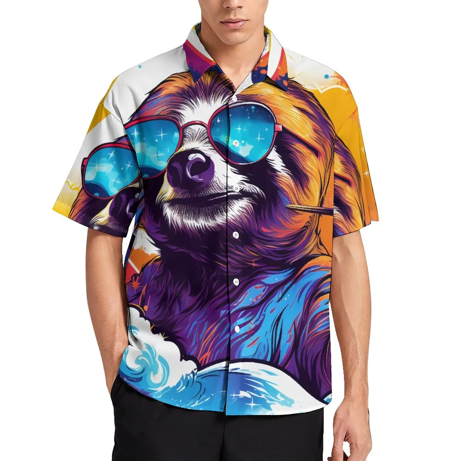

Sloth Loose Shirt Man Vacation Sky Landscape Glasses Casual Shirts Hawaiian Graphic Short Sleeve Trending Oversized Blouses