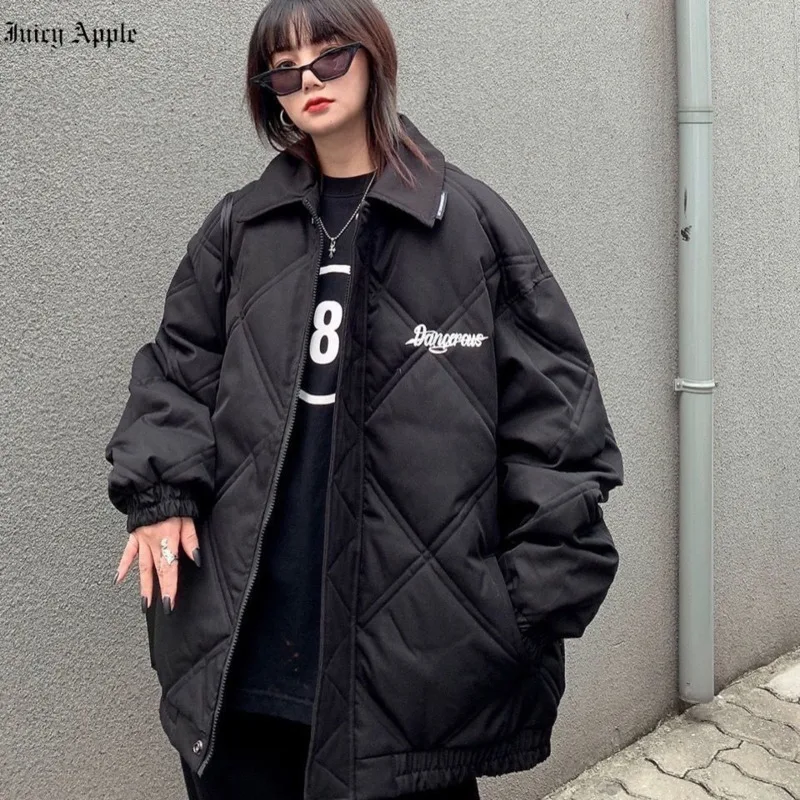 Woman Fashion Jackets For Women 2022 Rhomboid Pattern Warm Thick Streetwear Loose Zippers Pockets Casual Coats Female Clothing