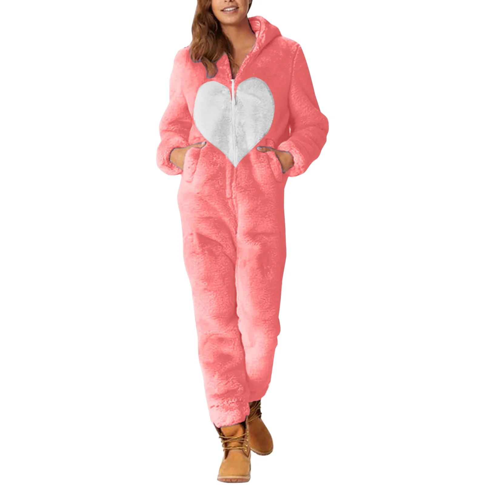 

S-5XL Coral Fleece Warm Womens One-Piece Pajamas Ladies Heart Printed Loose Hooded Jumpsuit Sleepwear Female Winter Homewear