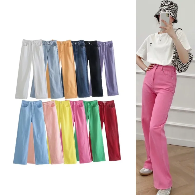 

RDMQ 2023 Women New Fashion Multicolor Straight High Waist Denim Jeans Vintage Side Pocket Zipper Fly Female Trousers Mujer