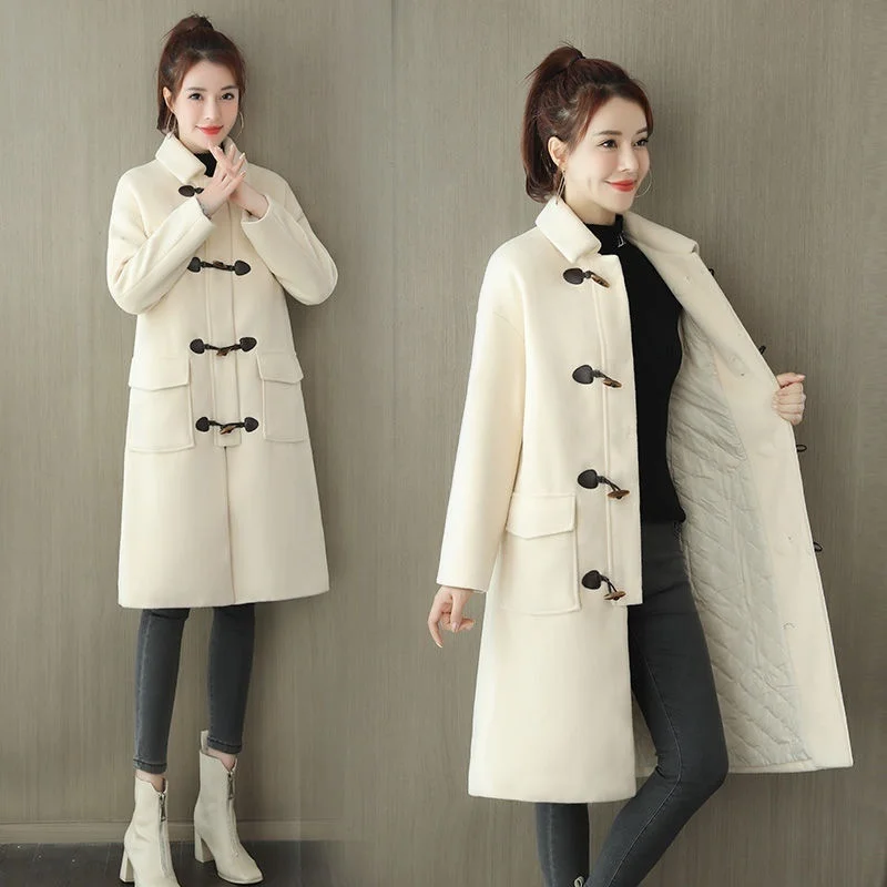 

2022 NEW FASHION Black Ox Horn Button Wool Coat Women's Middle And Long College Beige Casual Autumn And Winter Woolen Coat