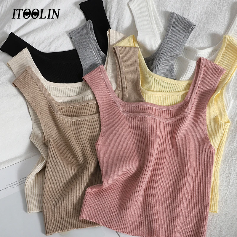 

2022 Women's Summer U Neck Tank Tops Slim Fit Solid Knitted Vest Ribbed Top Cropped Camisole Plain Crop Top Female