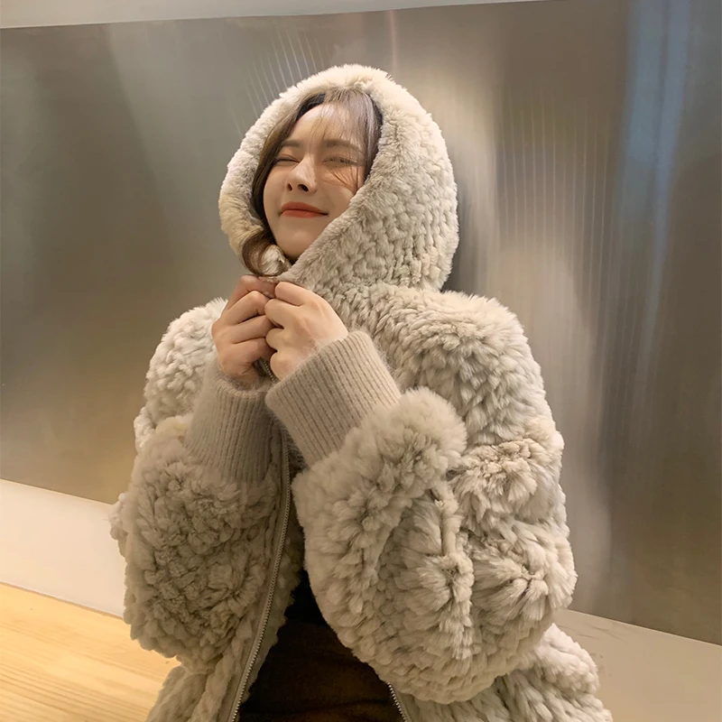 Winter Young Imitate Rex Rabbit Fur Fur Woven Mink Coat Women's Loose Hooded Short Plush Coat