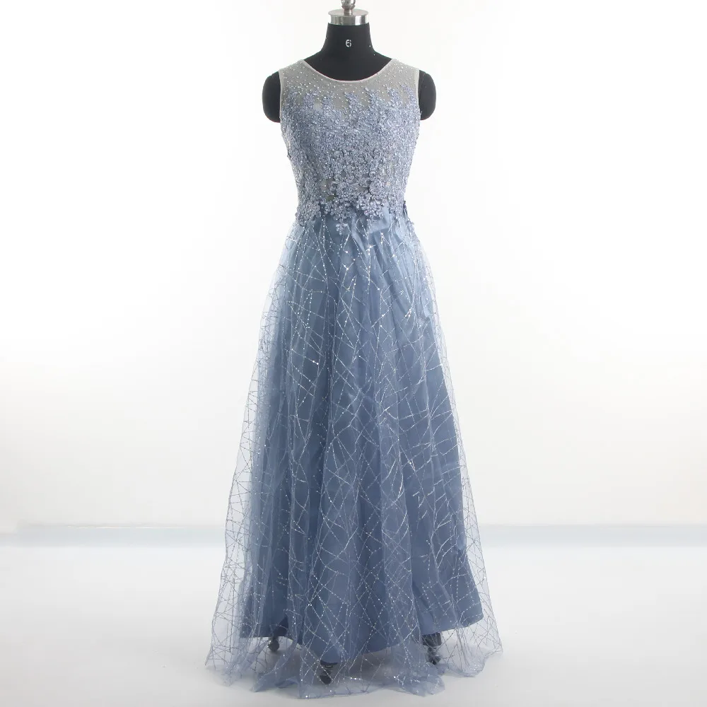 

Evening Dresses Haze Blue O-neck illusion Crystal Sleeveless Sequins A-line Floor Length Plus size Women 2022 Party Dress R1317