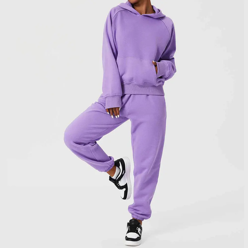 Winter Sport Set Women Fitness 2 Piece Gym Sets Womens Outfits Hooded Sweatshirts Wide Pants Workout Clothes For Women Tracksuit