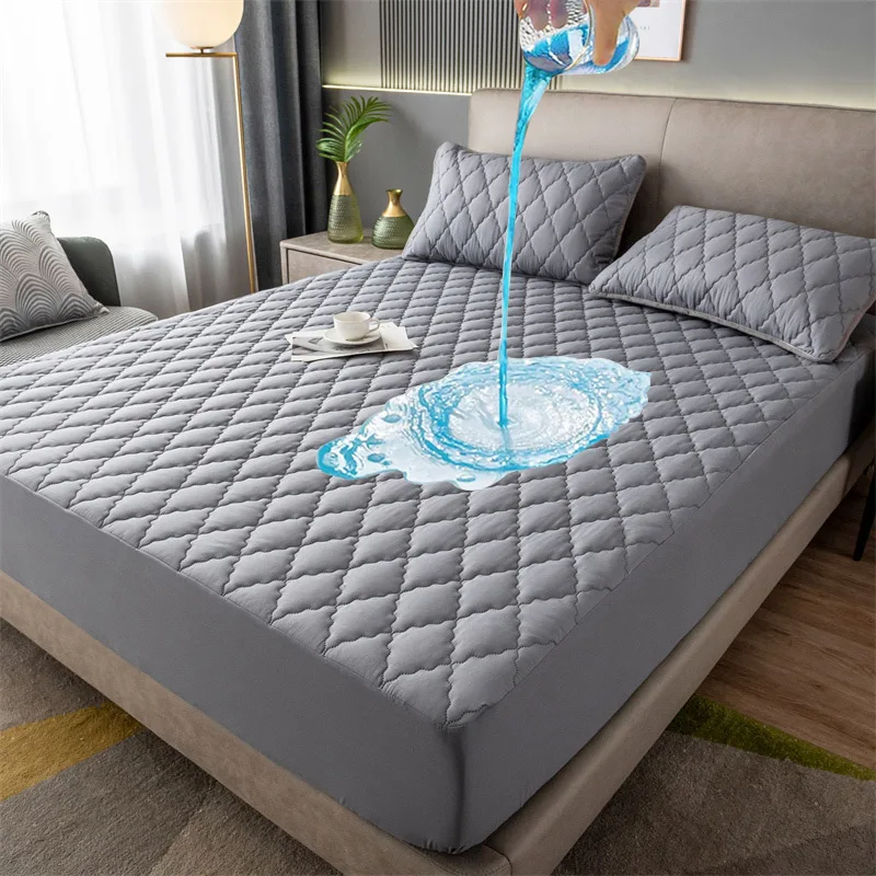 

2023 Waterproof Quilted Elastic Fitted Sheet Mattress Protector Couple Double Bed Euro Queen Bed Linen Breathable Mattress Pad