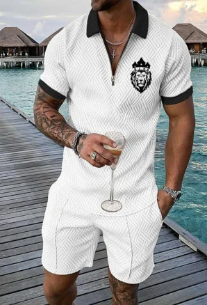 Men's Polo Shirt Set Summer Fashion Trend Style Pullover Shorts Suit 2 Piece Square Neck Zipper Casual Jogging Set For Men