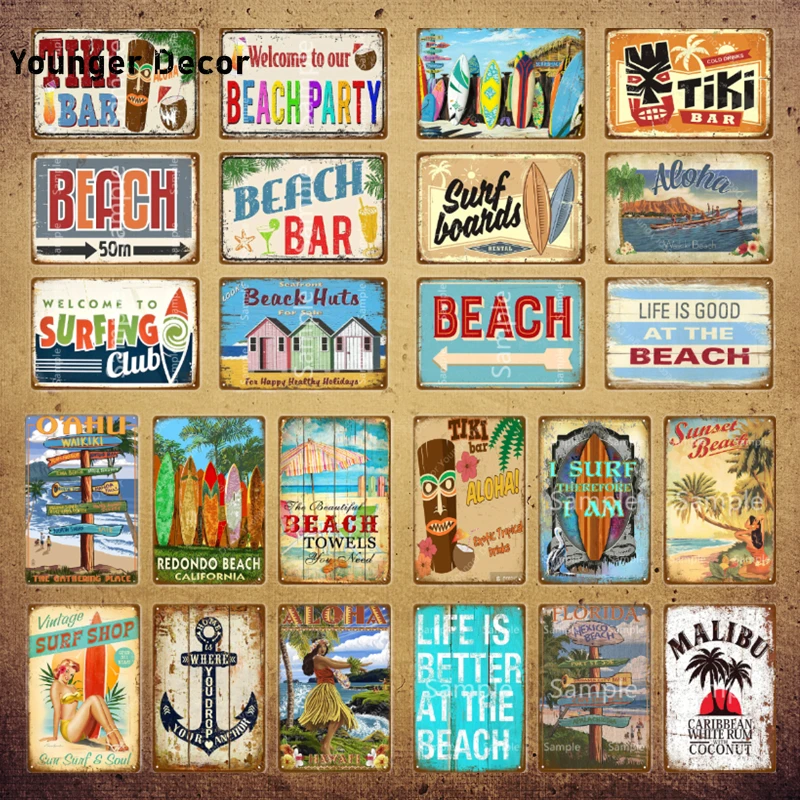 Aloha Beach Tiki Bar Оловянная табличка летняя металлическая пластина Настенный декор
