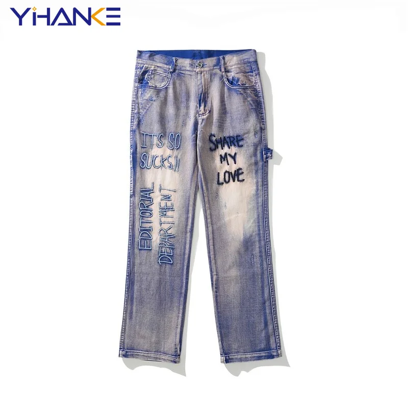 

Джинсы мужские в стиле ретро с вышивкой букв, модные брендовые свободные прямые брюки, повседневные Широкие штаны, уличные мужские однотонн...
