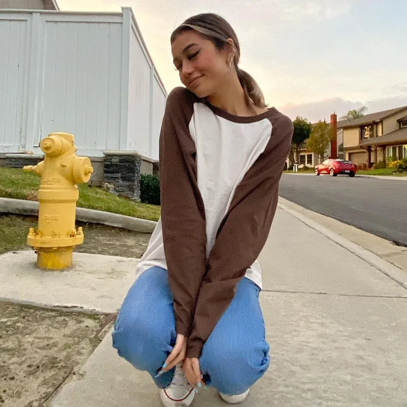 

Round Neck 2021 Stitching Brown T-shirt Women's Oversized Long-sleeved Autumn and Winter Y2k 90s Fashion Casual Top Loose Loose
