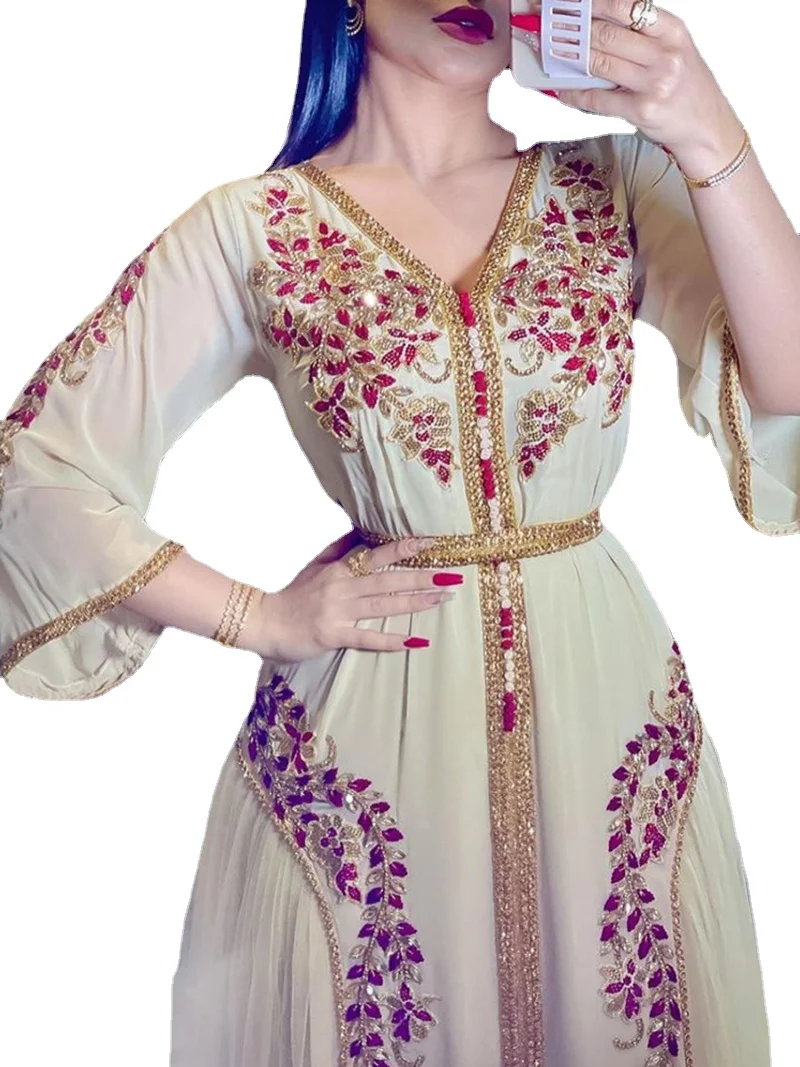 

India Turkey Muslim Abaya Long Dresses Women Wedding Evening Party Dress Elegant Floral Embroidery Lace Belted Kaftan Ramadan