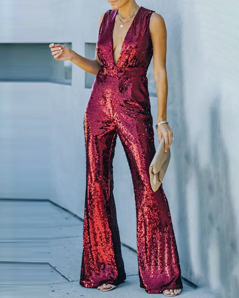 

2021 New Red Deep V Sequined Jumpsuit Women Women's Jumpsuit Loose Jumpsuit Jumpsuits for Women