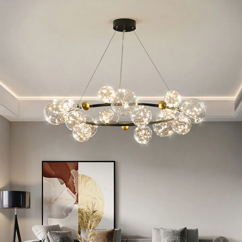 Modern Gypsophila Clear Glass Led Chandelier Round Metal Living Room Pendant Chandelier Lighting Black / Gold Adjustable Lamp