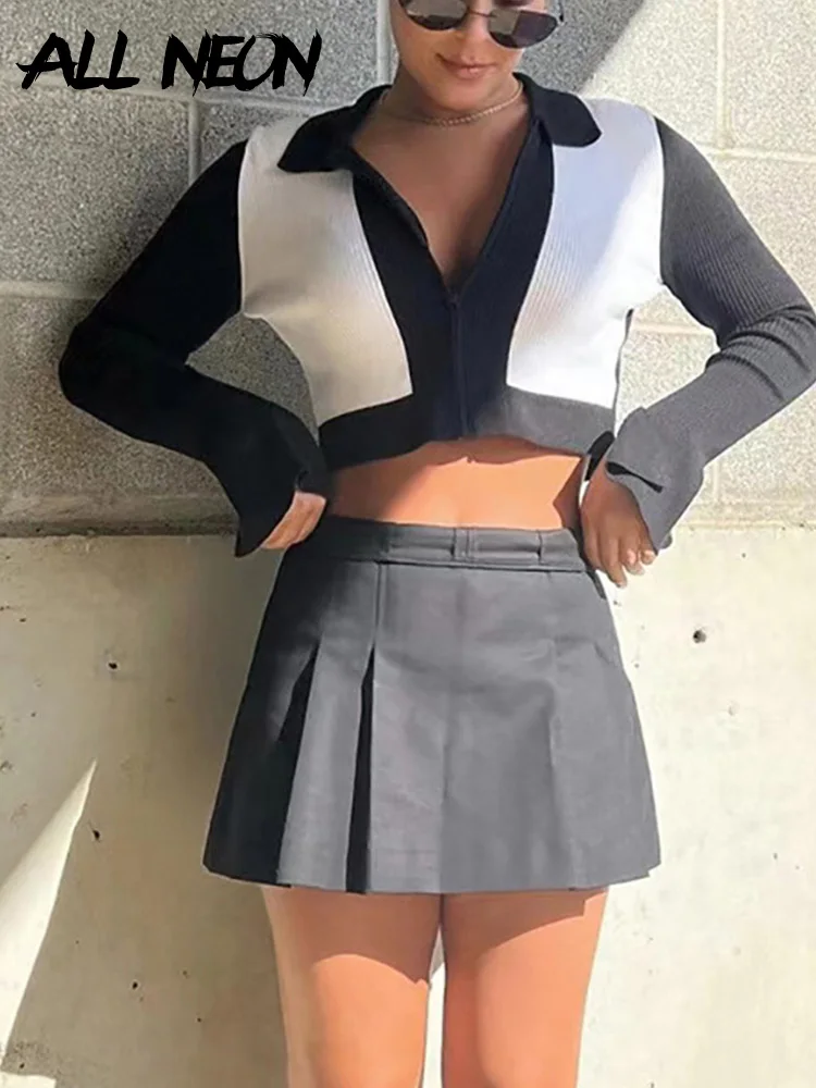 

ALLNeon Acubi модные Лоскутные укороченные куртки Y2K на молнии винтажная уличная одежда ребристая трикотажная кардиган с отложным воротником и р...