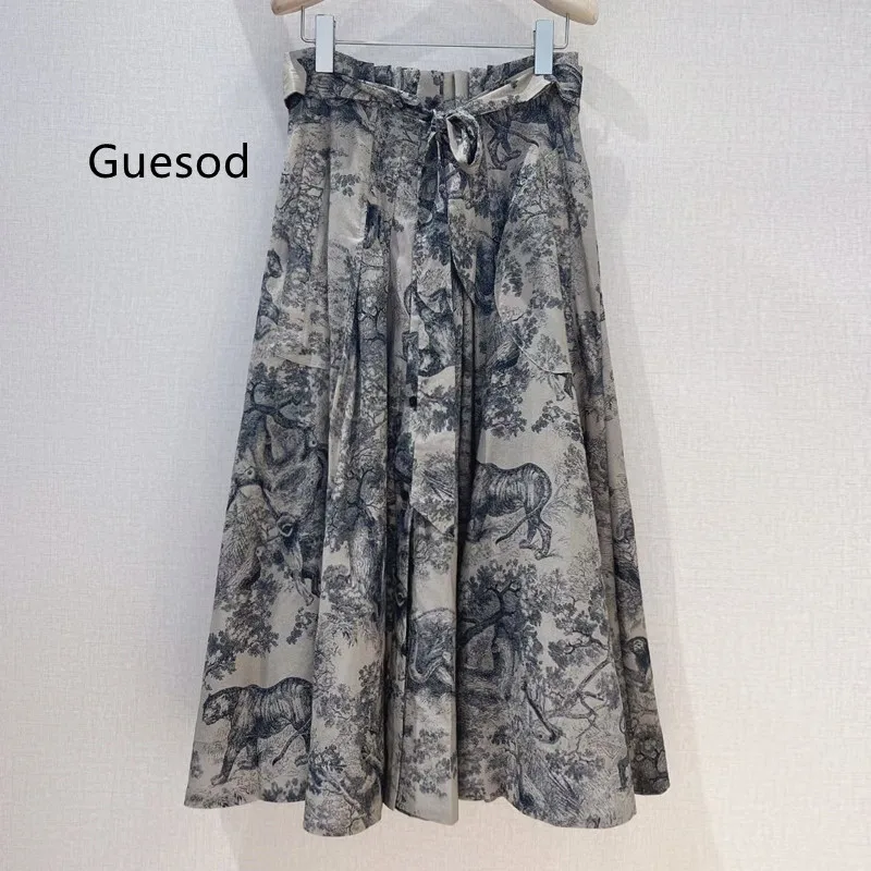 

Women Skirt 2023 Autumn Female All Match Hand-Paint 100% Cotton Belt Slim Expansion Bottom Ink Print Long Skirt New Arrive