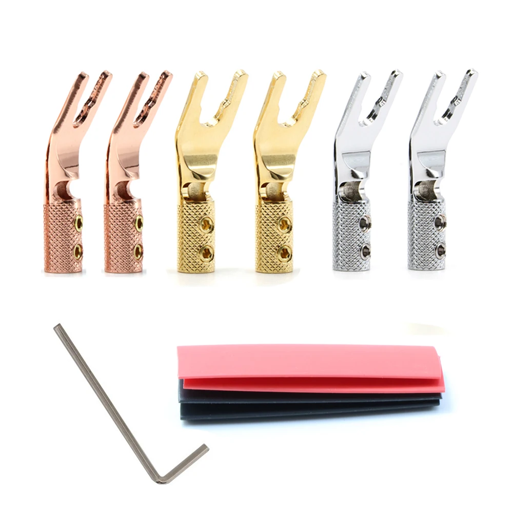 

4pcs pure copper Fork Connectors Speaker Cable Lugs Y Flat Connector Double Screw Locking Max. 4.5 mmGold-Plated with Allen Key