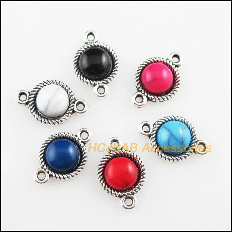 

24Pcs Tibetan Silver Plated Round Mixed Acrylic Charms Pendants Connectors 8.5x13mm