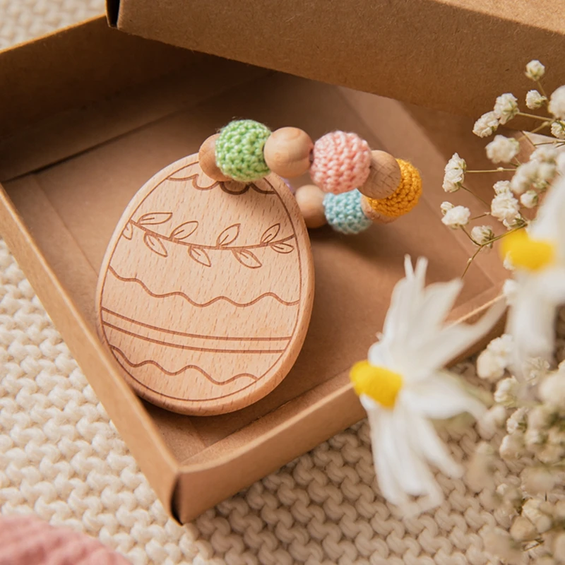 

1Pc Baby Wooden Easter Egg Teether Toys Beech Egg Crochet Beads Bracelet Toy Newborn Play Gym Teething Toy For Childern Gift