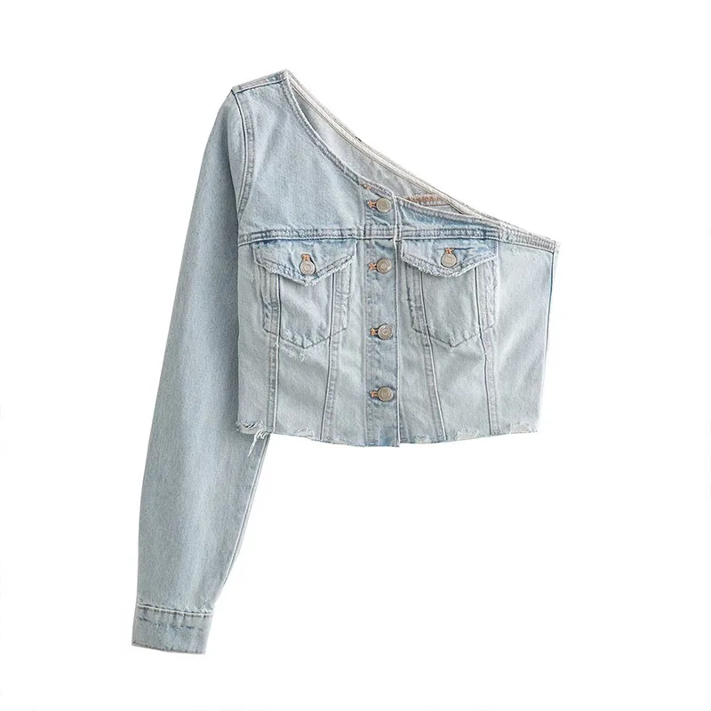 

Summer Women's 2023 New Fashion Trend Button Denim Asymmetric Tops One-Shoulder Sleeve Slim Sexy And Elegant Jacket