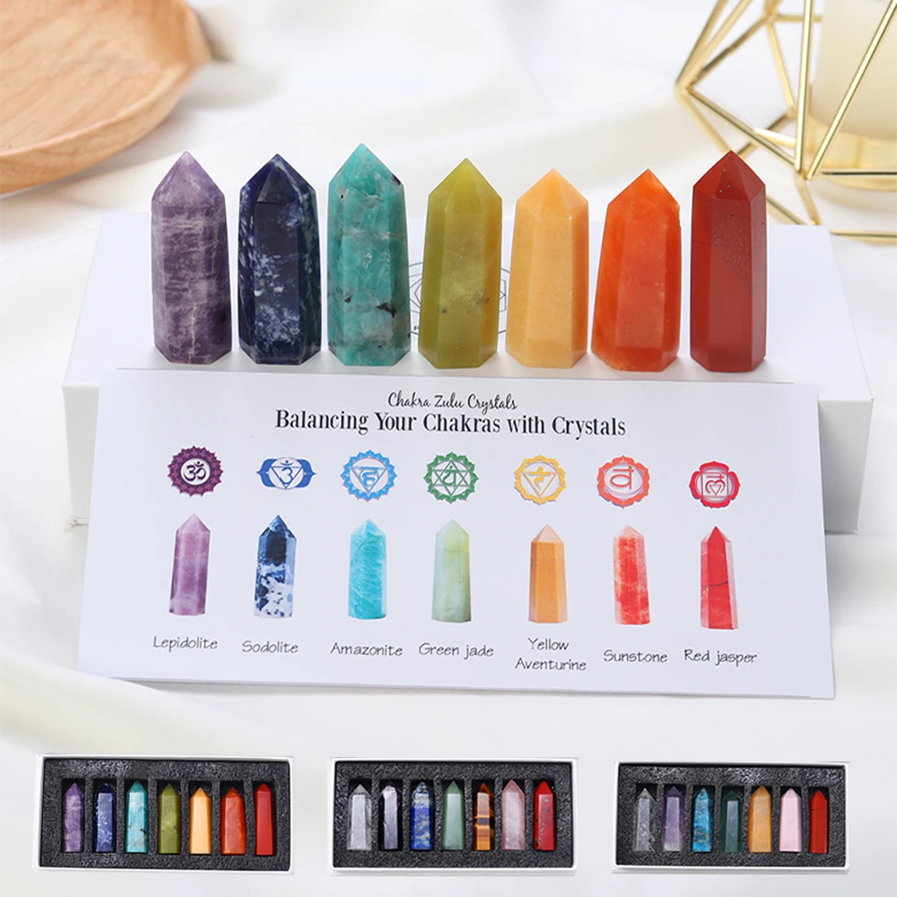 

7pcs/set Natural Healing Gemstone Kit Reiki Hexagonal Column Crystal Point Mineral Specimens Set Home Decor Collection Gift Box