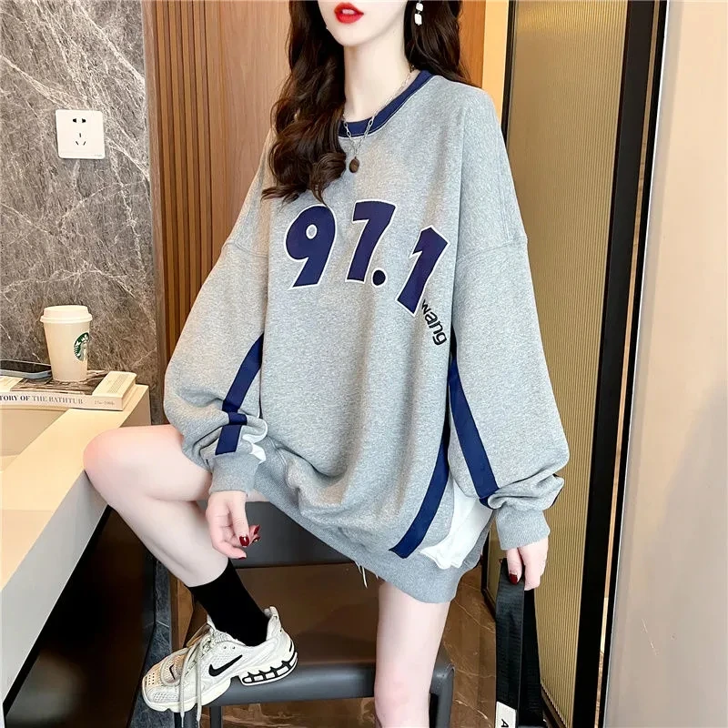 

Korean Fashion Contrast Color Crewneck Hoodies Women Autumn Winter 2022 Letter Print Wild Loose Casual Long-Sleeved Sweatshirt