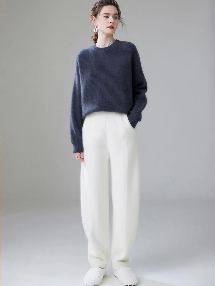 Утолщенный кашемировый свитер с заниженными плечами и круглым вырезом 100% чистый