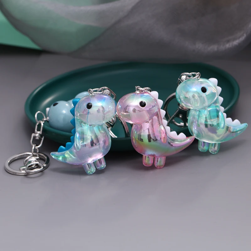 

Blue Pink Cute Dinosaur Keychain Resin Acrylic Backpack Hanging Jewelry Transparent Car Key Ring Silver Color Keychains for Baby