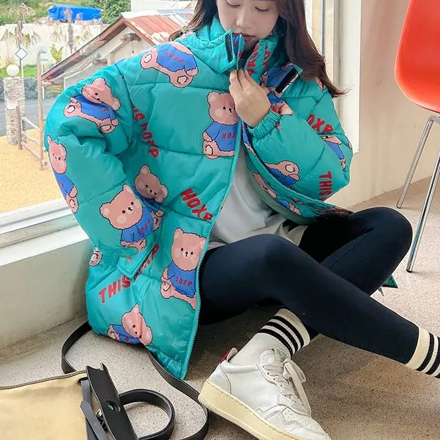 Winter Cute Bear Full Print Loose Warm Jacket Hooded Street Casual Long Sleeve Zip Cardigan Kawaii Sweet Woman Coat 2022 New