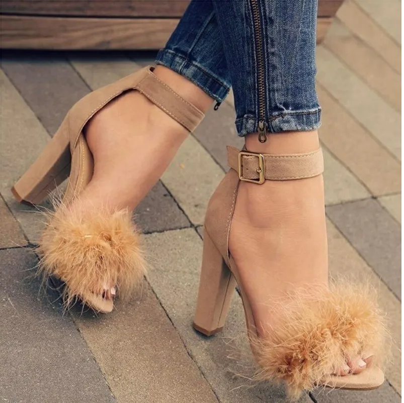 Women Sandals Summer Fashion Fluffy Plush Female Shoes Sexy Open Toes 10CM High Heels Party Sandals Ladies Shoes Plus Size 34-43