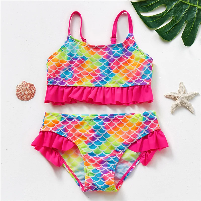 

Kids Girls Two-piece Bathing Suit, Fish Scale Print Flouncy Swimming Tops and Bottoms Swimwear, Pink/ Purple