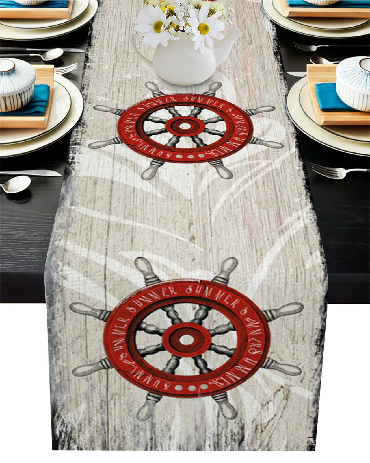 

Wood Grain Retro Rudder Nautical Swimming Table Runner Decoration Home Decor Dinner Table Decoration Table Runners Tassel