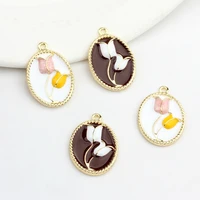 zinc alloy enamel tulip flowers oval coin charms pendant 6pcslot for diy fashion jewelry making finding accessories