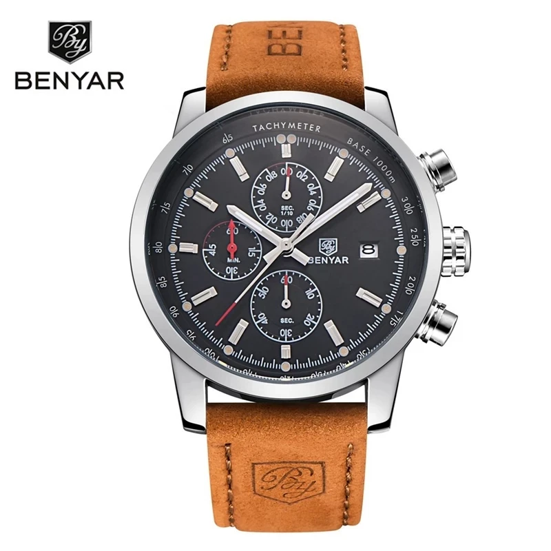

Часы BENYAR мужские деловые с кожаным ремешком, водонепроницаемые, с календарем, Модные мужские кварцевые часы от лучшего бренда BY-5102